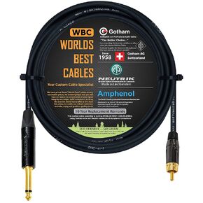 WORLDS BEST CABLES 15 Foot – TS to RCA Cable – Gotham GAC-4/1 (Black) Star-Quad Audio Interconnect Cable & Neutrik NP2X-B & Amphenol ACPL-CBK Gold Plugs - CUSTOM MADE