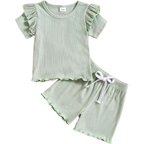 Exemaba Toddler Baby Girl Clothes Summer Outfits Ribbed Ruffle Short Sleeve T-shirt Tops & Stretch Casual Shorts Set