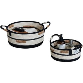 Set of 2 Round Cotton Rope Storage Basket with Handles Woven Basket for Storage Cloth Toy Blanket Desktop Organizer Shelf Basket for Bathroom Nesting Bins for Organizing Home