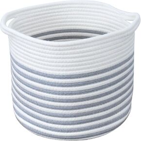 Small Cotton Rope Storage Basket, 10 x11 in Foldable Woven Organizer, Grey Stripe Laundry Hamper for Clothes, Dog/Cat Toys, Blankets