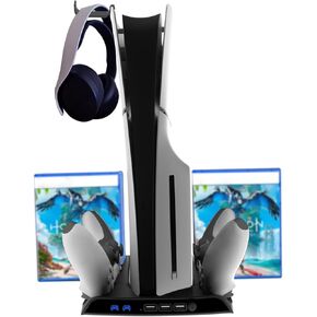 Charging Stand with Cooling Fan for PS5 Slim Console, Multifunctional Dual Controller Dock Charger Station with Game Disc Seats USB Hub Headphone Holder Accessories for PS5 Slim Digital/Disc Black