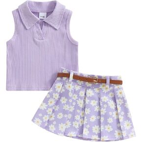 Toddler Baby Girl Summer Clothes Ribbed Knit Tank Top Daisy Print Pleated Mini Skirt Set 1T 2T 3T 4T 2pcs Outfit
