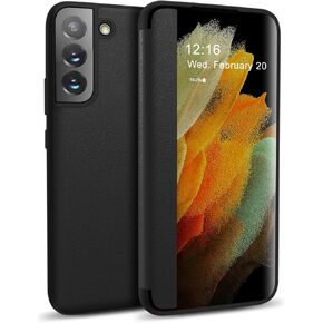 Zuslab Flip Case Compatible with SAMSUNG Galaxy S22 Ultra 6.8'' 2022, Fine Leather & Translucent Matte PC Folio Cover with Window View Function, Silicone Case Anti Scratch Shockproof Bumper, Black