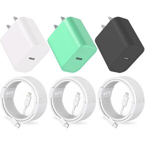3 Pack iPhone Fast Charger, 20W PD USB C Wall Charger Adapter with 3 Pack [MFi Certified] 3 Pack 6FT USB C to Lightning Cable Compatible for iPhone 14/13 Pro/13/12/12 Mini/12 Pro Max