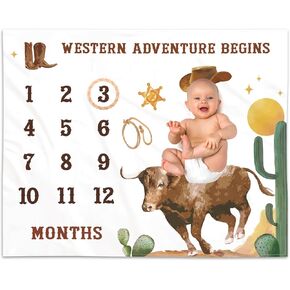 Cowboy Baby Monthly Milestone Blanket with Felt Lariat Frame Western Bull Theme Blankets for Toddler Photography Background Prop Cow Pattern Soft Mat Idea Nursery Decor
