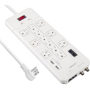 OviiTech 12 Outlet All-In-One Mountable Surge Protector Power Strip with2 USB Charging Ports(3.1A Total and Phone/Ethernet/Coax Protection,6 Foot Heavy Duty Extension Cord,4380 Joules,White,ETL Listed