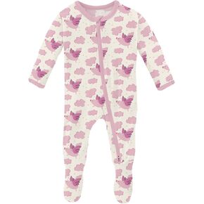 KicKee Print Footie with Zipper, Fitted Long Sleeve Pajamas, Ultra Soft Everyday One-Piece Loungewear, Baby and Kid (Natural Flying Pigs - Newborn)