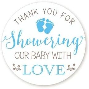 Baby Shower Stickers | Blue | Thank You for Showering Our Baby with Love | 48 Stickers - 1.67 Inches Round | Baby Shower Stickers for Boys | Pitter Patter - Tiny Baby Feet Baby Shower Labels