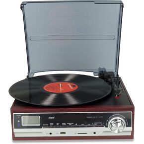 Vintage Record Player,Turntable Vinyl Record Player with Speakers,3-Speed,Belt Drive Vintage Phonograph,FM Radio,RCA Output Aux in,USB,MP3,SD,Alarm Clock,LCD Display,Recording Function