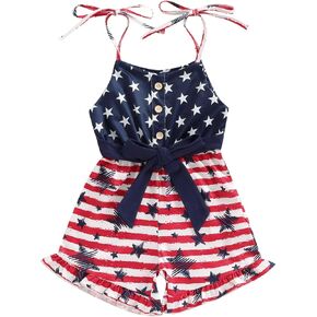Toddler Baby Girl 4th Of July Outfit Sleeveless Stars Striped Belted Strap Romper Overalls
