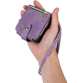 UEEBAI Wallet Case for Samsung Galaxy Z Flip 6 5G, 3 Card Slots Leather Wallet Shockproof Flip Cover with Hand Strap Card Slots Zipper Pocket Kickstand Handbag Magnetic Closure - Purple