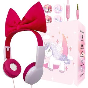 Priness bots Wired Kids Headphones with Mic for School/Travel,95dB Volume Limited,Shareport,On/Over Ear Bow Headsets with Nylon Cable (Pink)