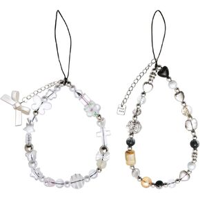2pcs Beaded Phone Charms, Crystal Butterfly Bow Love Heart Beaded Cell Phone Straps Mobile Beaded Lanyard Aesthetic Phone Chain Cellphone Wrist Straps for Girls Woman
