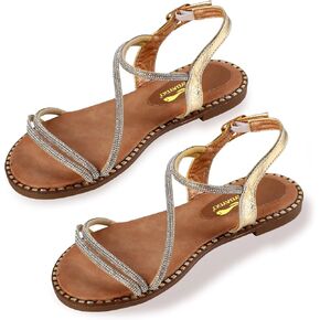 Women's Sparkle Rhinestone Flat Sandals with Back Elastic Ankle Strap, Comfortable Memory Foam Slip On Open Toe Shoes for Dressy or Everyday Summer Wear, Glitter Bling and for Work, Beach, Strappy Wedding Sandals