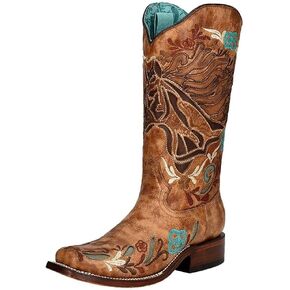 CORRAL LADIE'S SAND HORSE INLAY & MULTICOLOR EMBROIDERY SQ. TOE IRIDESCENT COLLECTION, LEATHER SOLE, WESTERN A4266