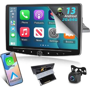 [2+64G] 10 inch Single Din Android Car Stereo Support Wireless Apple Carplay & Android Auto - Adjustable Touchscreen Radio with HiFi/WiFi/GPS Navigation/FM/RDS