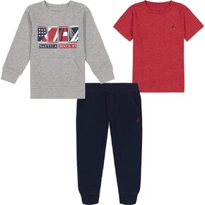 Nautica Boys 3-Piece Crewneck Jogger Set, Includes Pullover & Tee, Ultra-Soft & Comfortable, Red/Heather/Navy