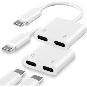 محول سماعة رأس وشاحن USB C إلى USB C لهاتف iPhone 15، محول USB C AUX مزدوج + PD 60 وات شحن سريع دونجل محول متوافق مع iPhone 15/15Plus/15Pro/15Pro Max يدعم المكالمات + الشحن (عبوتان)