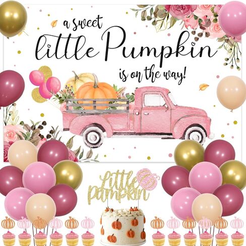 ديكور حفلة استحمام الطفل على شكل قرع صغير مع القليل من اليقطين الحلو على الطريق خلفية كعكة توبر الزهور شاحنة اليقطين الوردي لوازم استحمام الطفل لفتاة خريف الخريف حفلة عيد الشكر in Kuwait