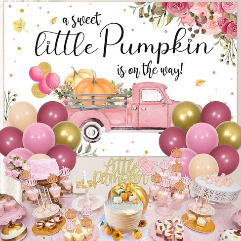 ديكور حفلة استحمام الطفل على شكل قرع صغير مع القليل من اليقطين الحلو على الطريق خلفية كعكة توبر الزهور شاحنة اليقطين الوردي لوازم استحمام الطفل لفتاة خريف الخريف حفلة عيد الشكر in Kuwait