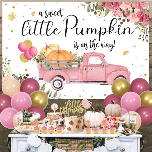 ديكور حفلة استحمام الطفل على شكل قرع صغير مع القليل من اليقطين الحلو على الطريق خلفية كعكة توبر الزهور شاحنة اليقطين الوردي لوازم استحمام الطفل لفتاة خريف الخريف حفلة عيد الشكر in Kuwait