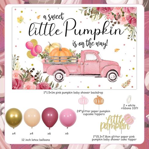 ديكور حفلة استحمام الطفل على شكل قرع صغير مع القليل من اليقطين الحلو على الطريق خلفية كعكة توبر الزهور شاحنة اليقطين الوردي لوازم استحمام الطفل لفتاة خريف الخريف حفلة عيد الشكر in Kuwait