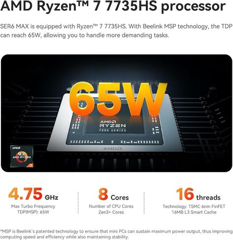 Beelink Mini PC, SER6 MAX Ryzen7 7735HS (up to 4.75GHz) Mini Computer, AMD Radeon 680M, 32GB DDR5 500GB Ryzen 7, Small Gaming PC Quad Displays HDMI+DP+Dual USB4, 2.5Gbps, WiFi 6+BT5.2 in Saudi Arabia