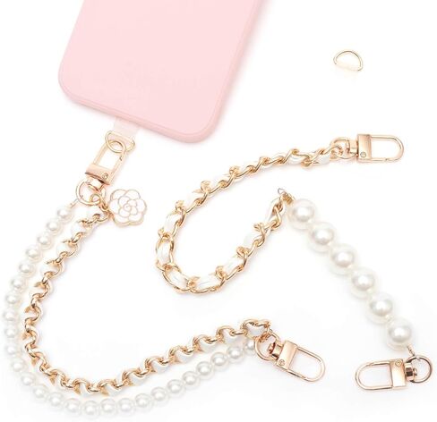 2Pcs Phone Lanyard Wrist Strap with Pearl and Metal,Cell Phone Charm Bead Double Chain for Women and Teen Gril Hand,Hands-free Charms for Wallet Heart Camera in Saudi Arabia