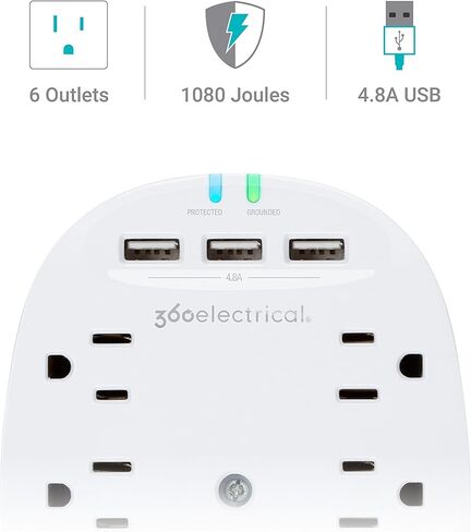 360 Electrical Studio 4.8 6-Outlet Surge Tap w/ 4.8A 3-Port USB and 1080 Joules of Surge Protection in Kuwait