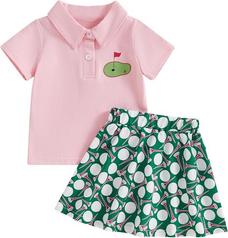 Toddler Girl Golf Outfit Short Sleeve Hole in One Polo Shirt and Golf Print Mini Skirt Set 6 12 18 24M 2 3 4T in Kuwait