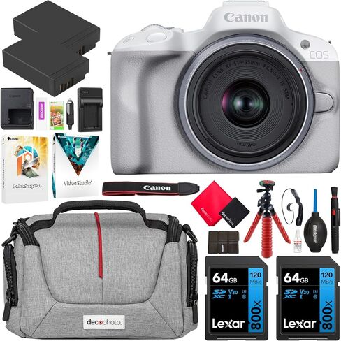 Canon EOS R50 Mirrorless Camera (White) with RF-S 18-45mm F4.5-6.3 is STM Lens 5812C012 Bundle with Deco Gear Photography Bag + 2 x Battery + 2 x 64GB Memory Cards + Accessories Kit in Kuwait
