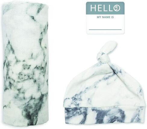 lulujo Birth Announcement Hat & Swaddle Blanket Set| Unisex Softest Bamboo Muslin Baby Swaddle Blanket| Receiving Blanket | 47in x 47in| Bamboo Knot Hat | Hello! Birth Announcement Sticker Blueberries in Saudi Arabia