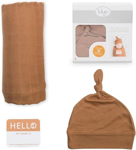lulujo Birth Announcement Hat & Swaddle Blanket Set| Unisex Softest Bamboo Muslin Baby Swaddle Blanket| Receiving Blanket | 47in x 47in| Bamboo Knot Hat | Hello! Birth Announcement Sticker Blueberries in Saudi Arabia
