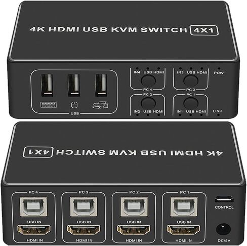 محول 4K HDMI KVM 4 في 1 مخرج، BolAAzuL KVM USB HDMI 2.0 محدد محول 4 منافذ 4K@60 هرتز KVM Switch Box HDR، HDCP 2.2 لأجهزة الكمبيوتر المحمول، الكمبيوتر الشخصي، Xbox HDTV، 4 أجهزة كمبيوتر تشارك 1 ماوس لوحة مفاتيح وشاشة عالية الدقة in Kuwait