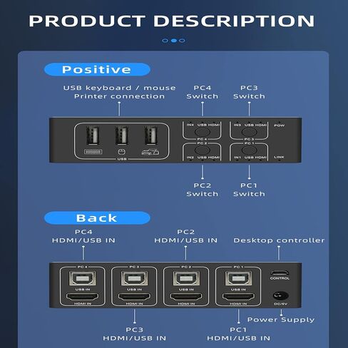 محول 4K HDMI KVM 4 في 1 مخرج، BolAAzuL KVM USB HDMI 2.0 محدد محول 4 منافذ 4K@60 هرتز KVM Switch Box HDR، HDCP 2.2 لأجهزة الكمبيوتر المحمول، الكمبيوتر الشخصي، Xbox HDTV، 4 أجهزة كمبيوتر تشارك 1 ماوس لوحة مفاتيح وشاشة عالية الدقة in Kuwait