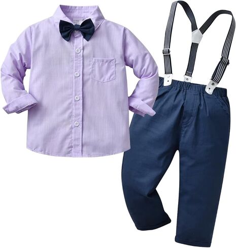 Toddler Gentleman Suit Outfits Long Sleeve Shirt + Suspender Pants + Bowtie for Boys in Kuwait