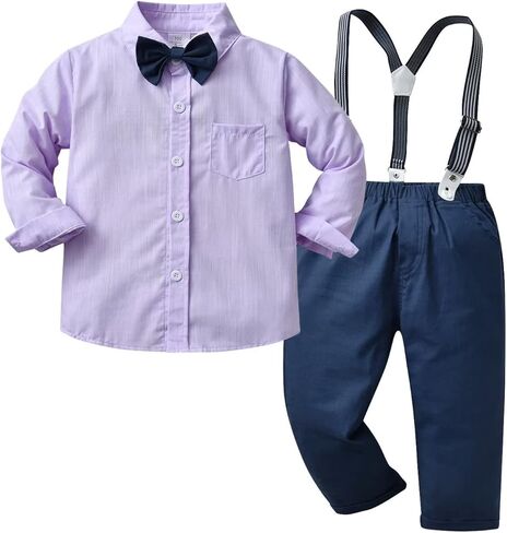Toddler Gentleman Suit Outfits Long Sleeve Shirt + Suspender Pants + Bowtie for Boys in Kuwait