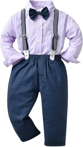 Toddler Gentleman Suit Outfits Long Sleeve Shirt + Suspender Pants + Bowtie for Boys in Kuwait