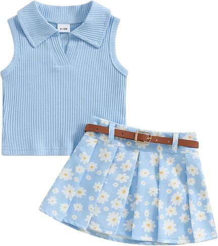 Toddler Baby Girl Summer Clothes Ribbed Knit Tank Top Daisy Print Pleated Mini Skirt Set 1T 2T 3T 4T 2pcs Outfit in Saudi Arabia