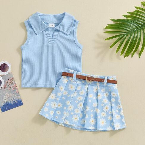 Toddler Baby Girl Summer Clothes Ribbed Knit Tank Top Daisy Print Pleated Mini Skirt Set 1T 2T 3T 4T 2pcs Outfit in Saudi Arabia