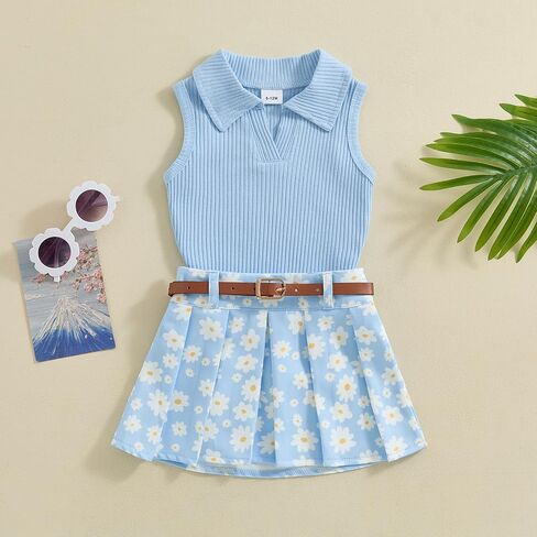 Toddler Baby Girl Summer Clothes Ribbed Knit Tank Top Daisy Print Pleated Mini Skirt Set 1T 2T 3T 4T 2pcs Outfit in Saudi Arabia