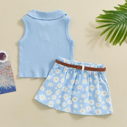 Toddler Baby Girl Summer Clothes Ribbed Knit Tank Top Daisy Print Pleated Mini Skirt Set 1T 2T 3T 4T 2pcs Outfit in Saudi Arabia