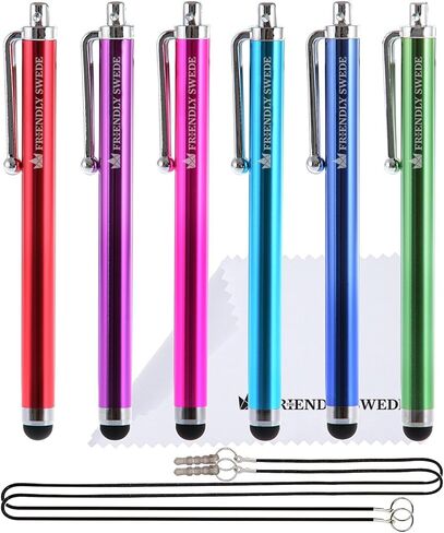 أقلام اللمس السويدية الصديقة لشاشات اللمس مقاس 4.5 بوصة، 6 عبوات من أقلام اللمس لأجهزة iPad، وقلم لمس الشاشة لجهاز iPhone - بما في ذلك 2 × 15 حبل وقطعة قماش لتنظيف الشاشة - أحمر/أرجواني/وردي/أزرق فاتح/أزرق داكن/أخضر in Kuwait