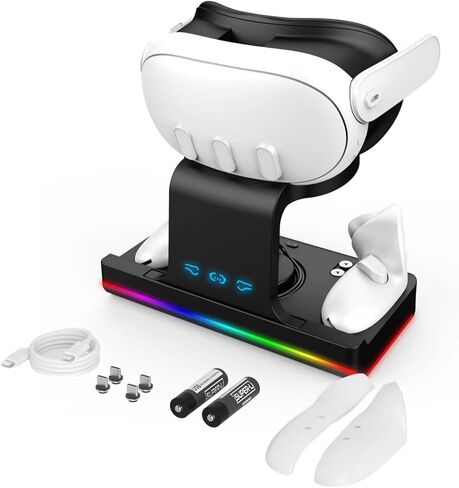 قاعدة شحن MOSHOU لـ Meta Quest 3 VR، حامل شحن لاسلكي مع أضواء RGB، قاعدة شحن لسماعات الرأس ووحدة التحكم Quest 3، بطاريتان قابلتان لإعادة الشحن لـ Oculus/Meata Quest 3 (أسود) in Kuwait