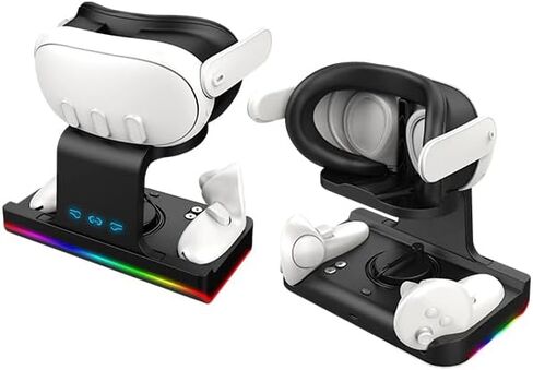 قاعدة شحن MOSHOU لـ Meta Quest 3 VR، حامل شحن لاسلكي مع أضواء RGB، قاعدة شحن لسماعات الرأس ووحدة التحكم Quest 3، بطاريتان قابلتان لإعادة الشحن لـ Oculus/Meata Quest 3 (أسود) in Kuwait