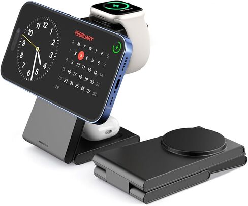 3 in 1 Wireless Charging Station for Multiple Devices, Magnetic Foldable Charger Stand for iPhone 15 14 13 12 Pro Max/Plus/Pro, Travel Charger Compatible with iPhone/Apple Watch/AirPods Pro-Pure Black in Saudi Arabia