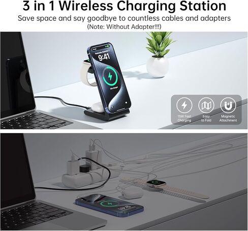 3 in 1 Wireless Charging Station for Multiple Devices, Magnetic Foldable Charger Stand for iPhone 15 14 13 12 Pro Max/Plus/Pro, Travel Charger Compatible with iPhone/Apple Watch/AirPods Pro-Pure Black in Saudi Arabia