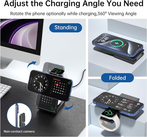3 in 1 Wireless Charging Station for Multiple Devices, Magnetic Foldable Charger Stand for iPhone 15 14 13 12 Pro Max/Plus/Pro, Travel Charger Compatible with iPhone/Apple Watch/AirPods Pro-Pure Black in Saudi Arabia