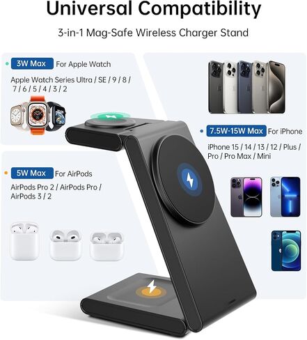 3 in 1 Wireless Charging Station for Multiple Devices, Magnetic Foldable Charger Stand for iPhone 15 14 13 12 Pro Max/Plus/Pro, Travel Charger Compatible with iPhone/Apple Watch/AirPods Pro-Pure Black in Saudi Arabia