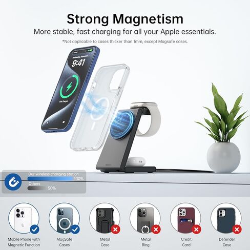 3 in 1 Wireless Charging Station for Multiple Devices, Magnetic Foldable Charger Stand for iPhone 15 14 13 12 Pro Max/Plus/Pro, Travel Charger Compatible with iPhone/Apple Watch/AirPods Pro-Pure Black in Saudi Arabia
